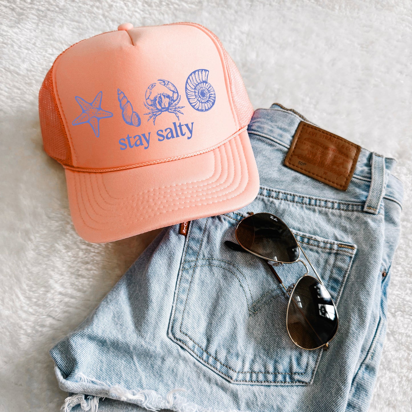 Coral Stay Salty - Trucker Hat/ Funny Gifts for Her / Vacation Hats/ Beach Hat/ Girls Trip Hats/ Shell Hats