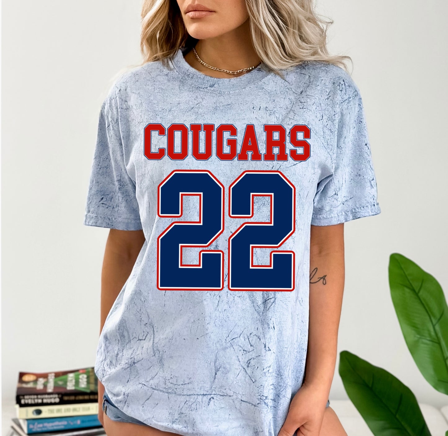Cougars Football With Number Comfort Colors Color Blast Distressed Tee- Sizes and Inventory Limited