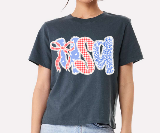 Navy Boxy Crop USA Preppy Bow Tee / Memorial Day or July 4th Tee/ 4th Of July
