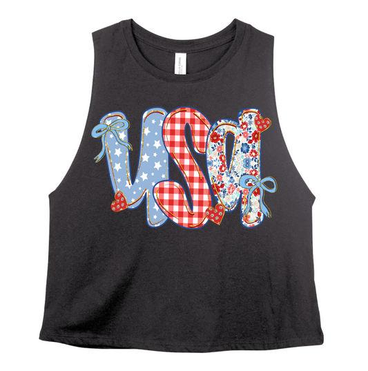 Bella Canvas Cropped USA Floral Tank Top / Memorial Day or July 4th Tank/ 4th Of July