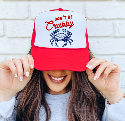 Don't Be Crabby- Funny Summer Beach Vacation Trucker Hat - Red with White