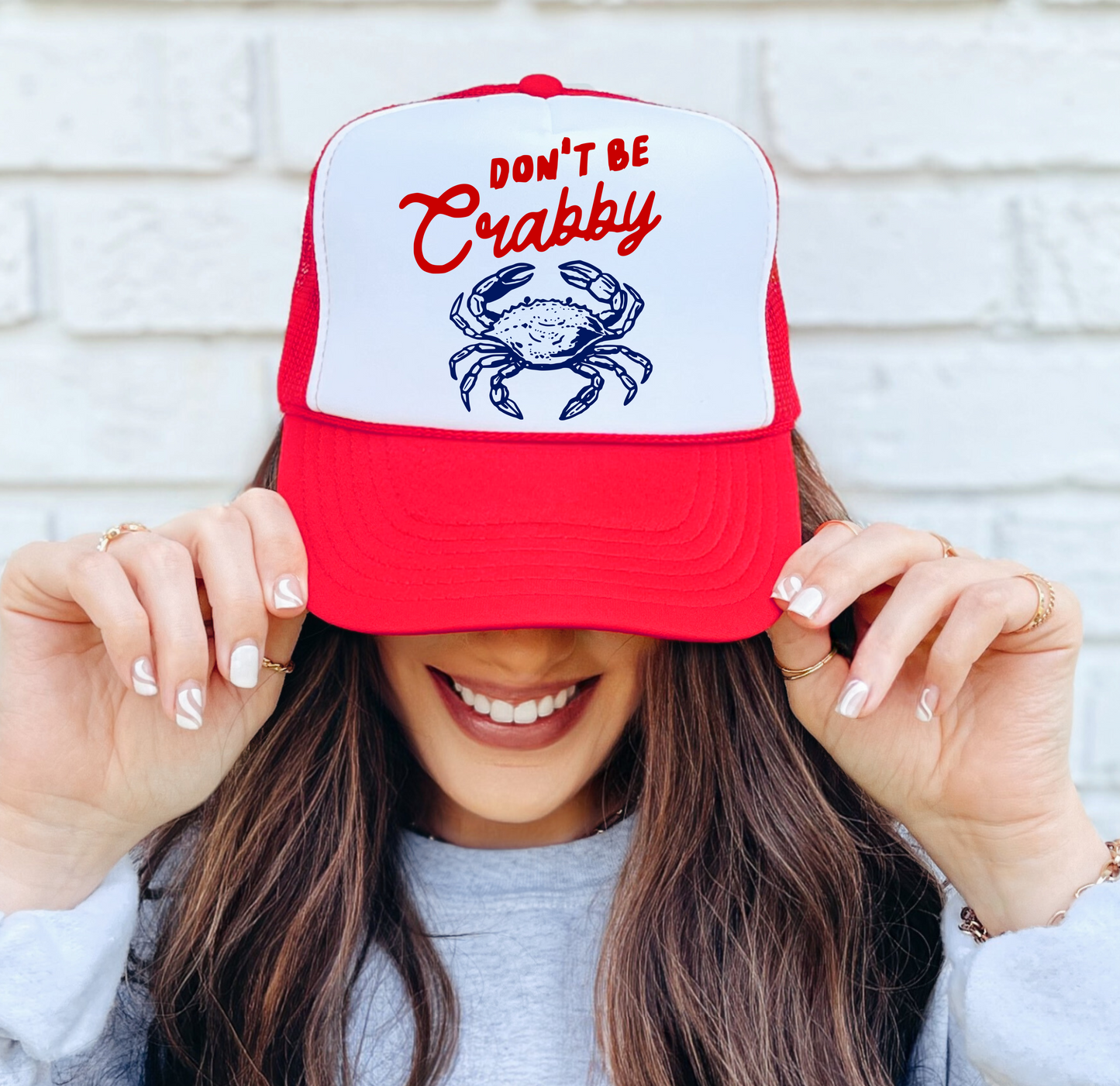 Don't Be Crabby- Funny Summer Beach Vacation Trucker Hat - Red with White
