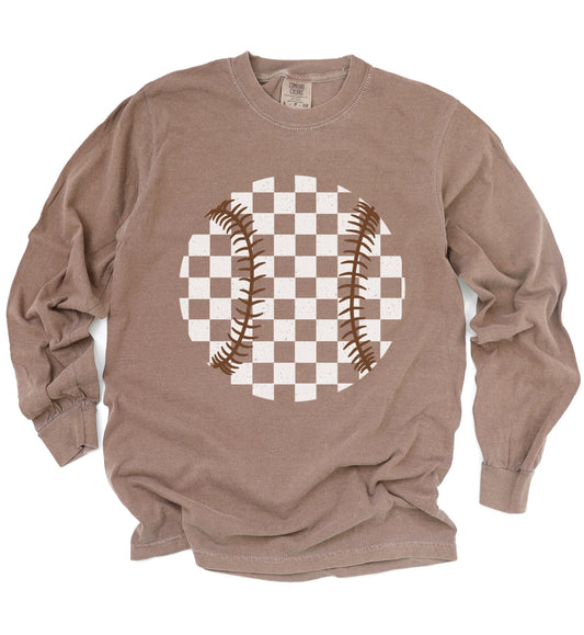 Long Sleeve Comfort Colors Checkered Espresso Baseball Tee/ Quality Retro Tee