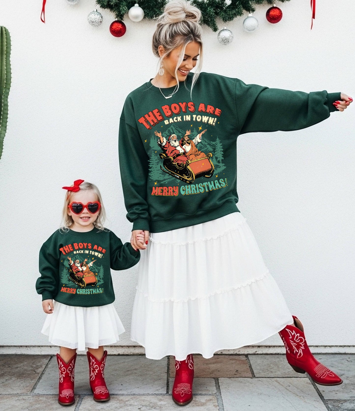 Boys are Back In Town/ Gildan or Bella Christmas Sweatshirt/ Funny Christmas Sweatshirt/ Youth and Adult Sizes/ Santa and Jesus Sweatshirts