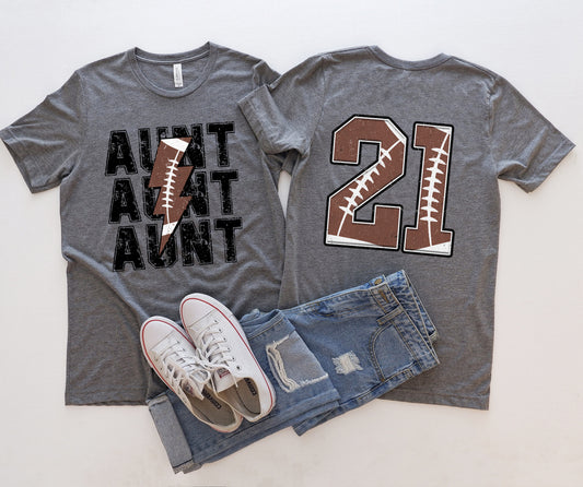 Front/Back Comfort Colors or Bella Canvas Football Aunt Lightning Bolt With Number Tee/ Football Mom Shirt