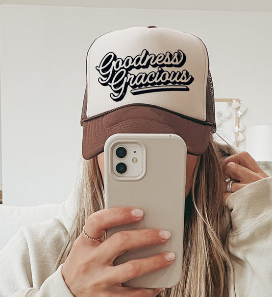 Tan/ Brown Goodness Gracious Trucker Cap/ Girls Trip Hat/ Vacation Hat/ Concert Hat
