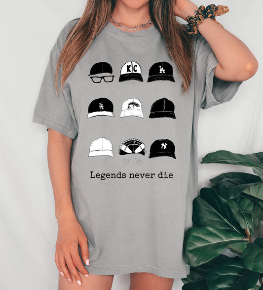 Legends Never Die Hats Tee/ Comfort Colors or Bella Canvas/ Youth and Adult Sizes