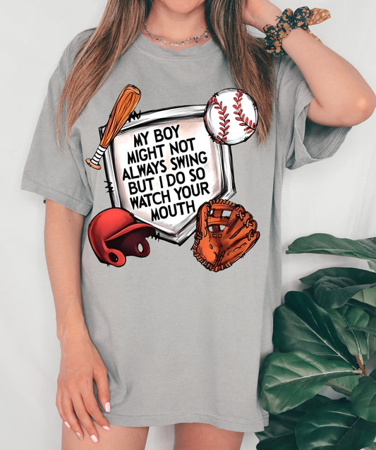 Bella Canvas or Comfort Colors Funny Baseball My Boy May Not Swing But I Do Tee/ Quality Retro Tee