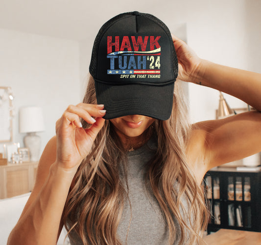 Hawk Tuah Funny USA Trucker Hat/ Mens or Womens Trucker Hats/ Funny Spit On That Thing/ July 4th Hat