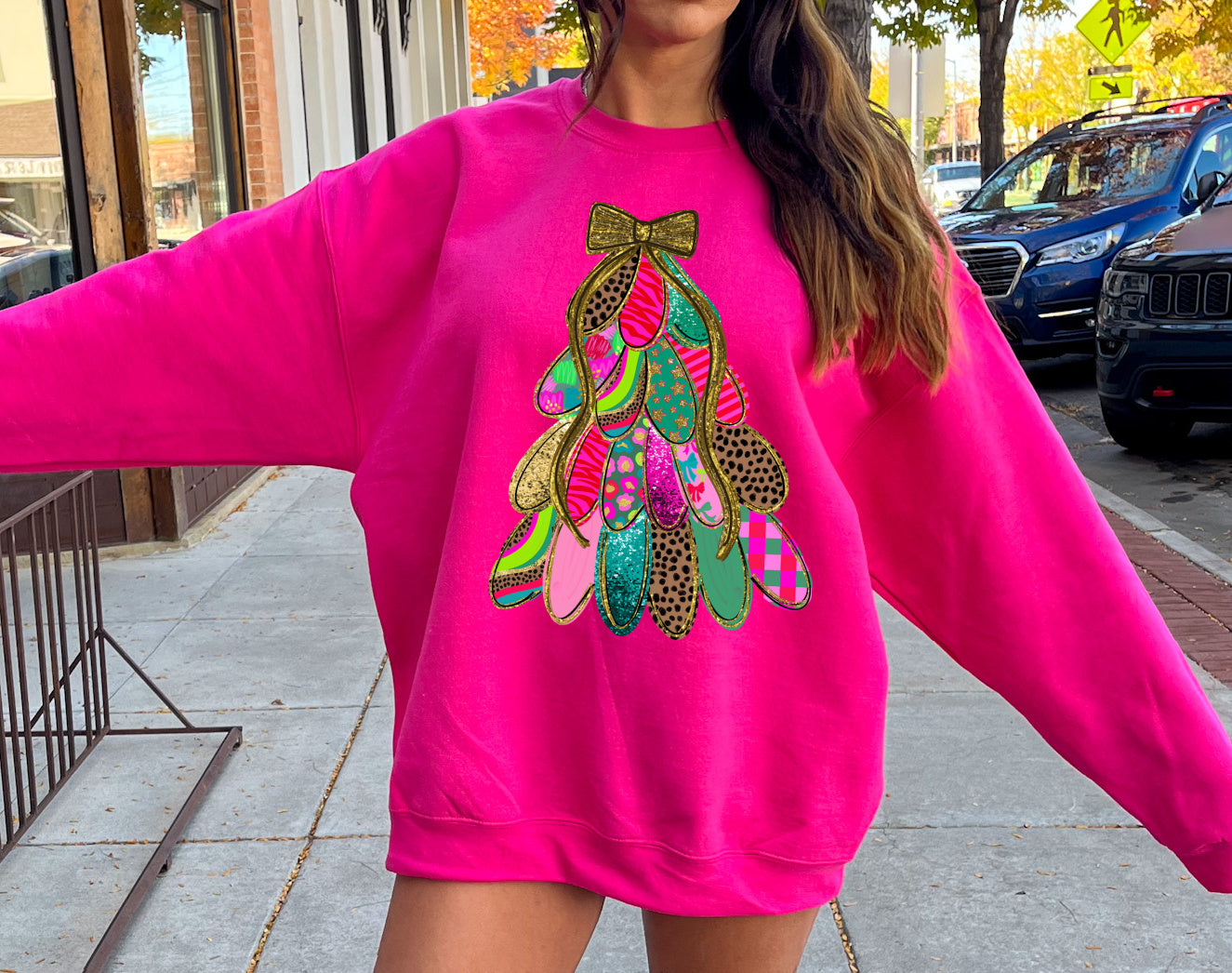 Pretty in Pink Christmas Tree Gildan or Bella Christmas Sweatshirt/ Holiday Sweatshirt/ Youth and Adult Sizes