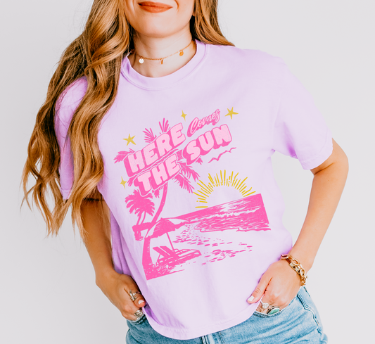 Comfort Colors Crop Here Comes The Sun Tee/ Summer Vibes Vacation Summer Tee