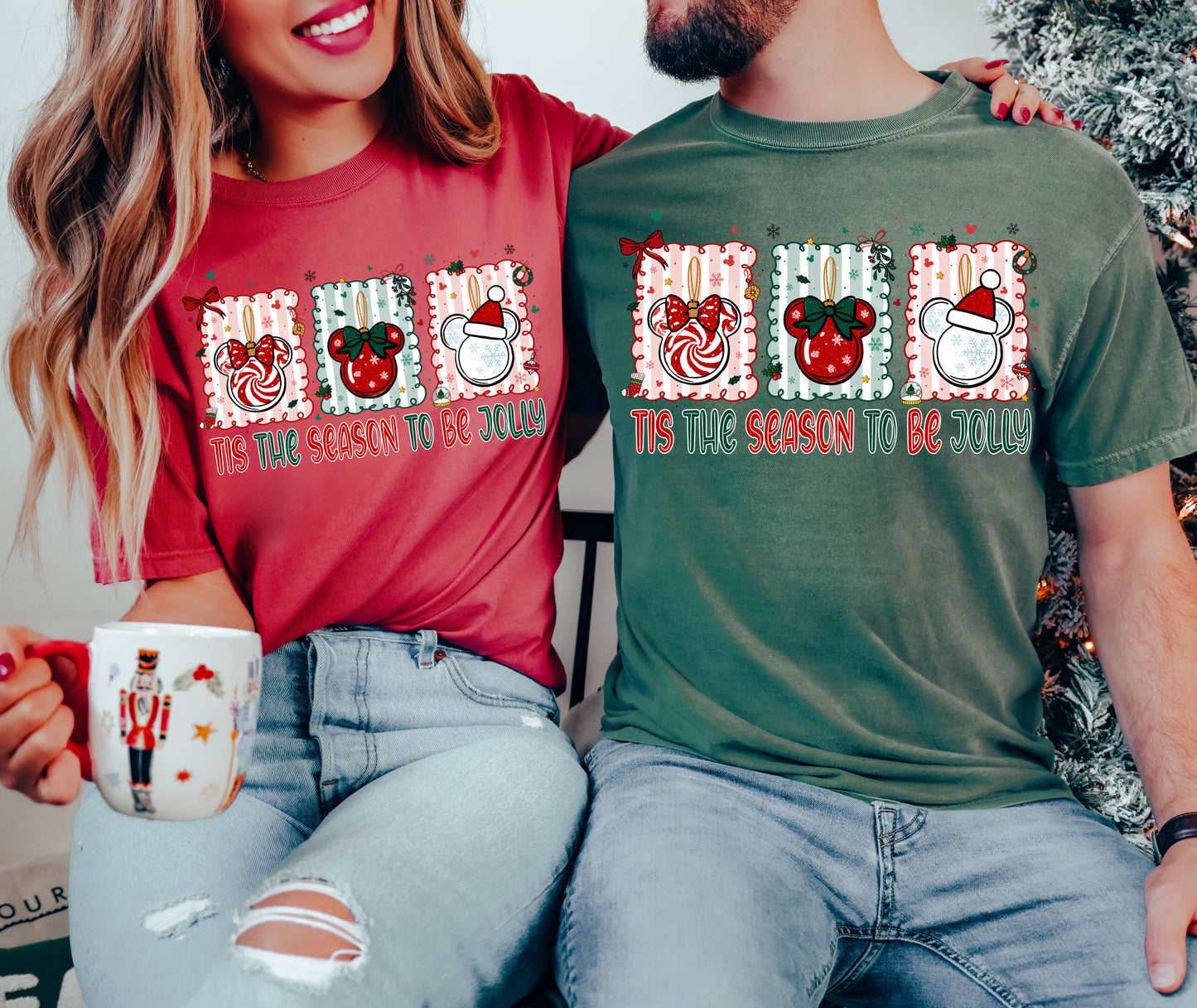Comfort Colors or Bella Tis The Season To Be Jolly Mickey and Minnie Couples Christmas Shirts