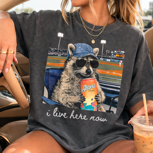 Comfort Colors or Bella Canvas Funny I Live Here Now Baseball Mom Raccoon Tee - Baseball Mom Shirt/ Youth and Adult Sizes - Alani Version