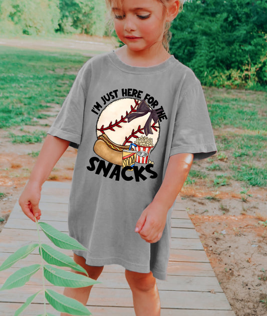 Black/Gold Bow Comfort Colors or Bella Canvas I'm Just Here for the Snacks/Baseball Sister Shirt