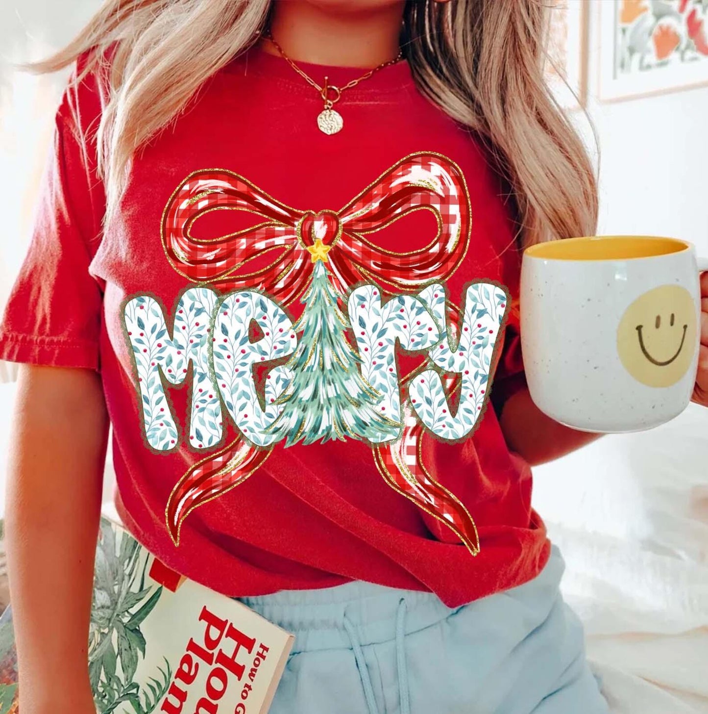 Red or Green Bella or Comfort Colors Merry Christmas Bow Tee