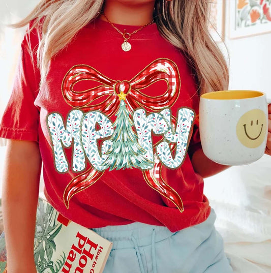 Red or Green Bella or Comfort Colors Merry Christmas Bow Tee