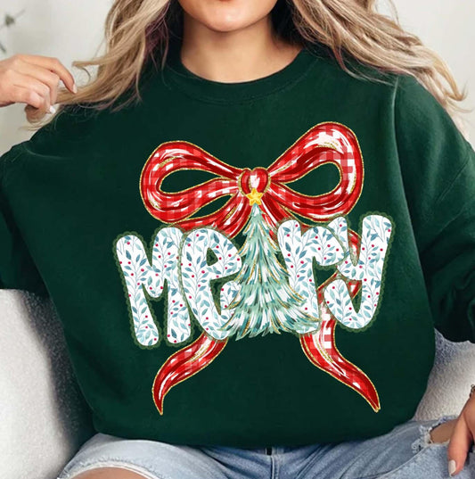 Merry Coquette Bow Gildan or Bella Christmas Sweatshirt/ Direct To Film Transferred Faux Glitter Sweatshirt/ Youth and Adult Sizes
