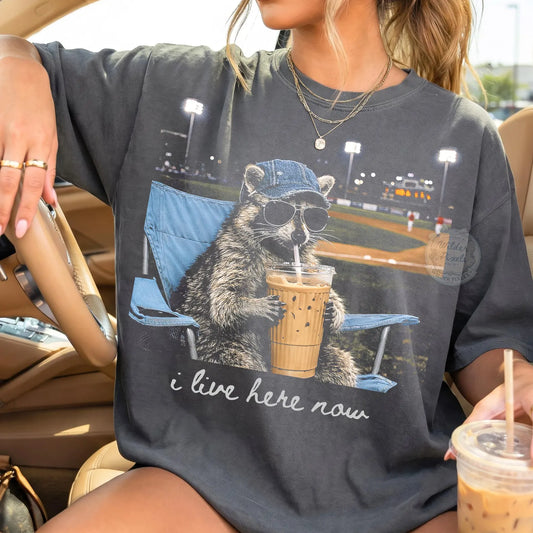 Comfort Colors or Bella Canvas Funny I Live Here Now Baseball Mom Raccoon Tee - Baseball Mom Shirt/ Youth and Adult Sizes