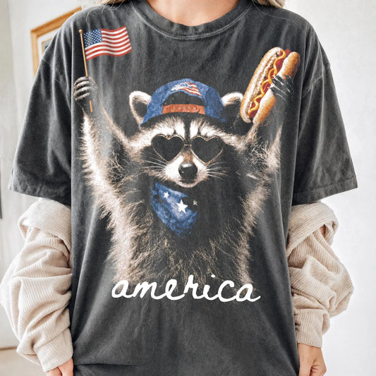 Comfort Colors or Soft Bella Canvas America - Raccoon Hot Dog Halftone July 4th Tee/ Memorial Day or July 4th Tee/ 4th Of July/ Youth and Adult Sizes