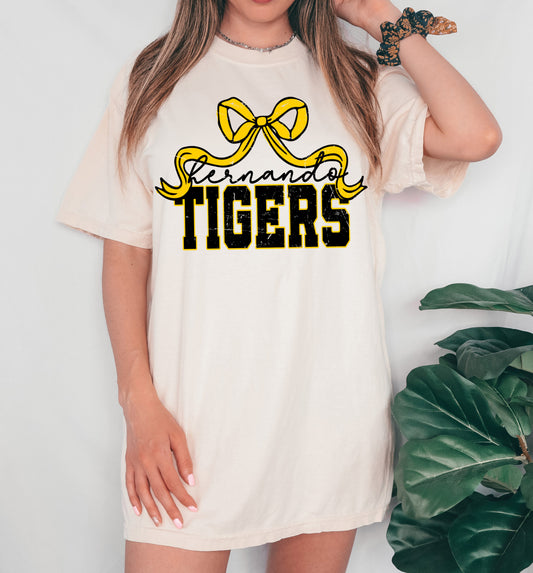 Let's Go Tigers/ Comfort Colors or Bella Canvas Hernando Tigers Bow Tee / Hernando -Desoto County Schools / Mississippi School Shirt