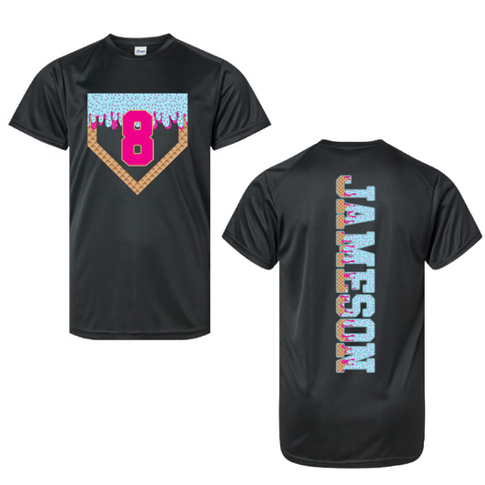Dri-Fit Custom Ice Cream Drip Number Baseball or Softball Shirt/ Home Plate Custom Number and Name Tee