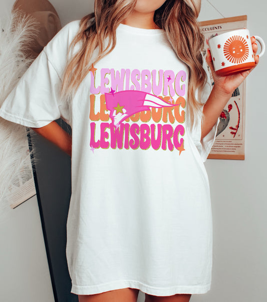 White Comfort Colors Lewisburg Retro Pink Unisex Shirt / Youth and Adult Sizes/ Lewisburg -Desoto County Schools /Lewisburg Patriots Mississippi School Shirt