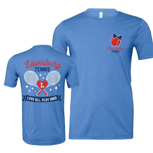 Lewisburg Tennis Shirt - Comfort Colors or Bella Canvas - Columbia Blue Print