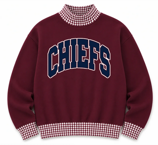 Gingham School Spirit Magnolia Heights Chiefs or Any Other Mascot/Team Mock Neck Sweatshirt - Completely Customizable/ Game Day Sweatshirts