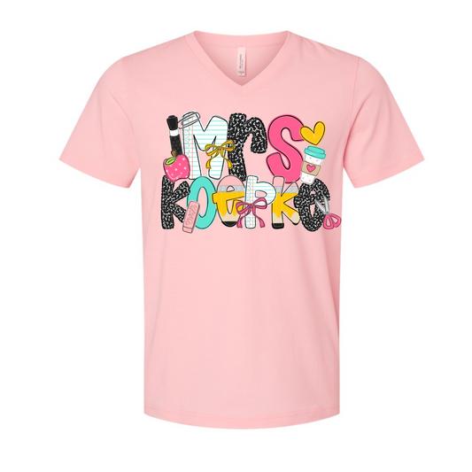 Bella V-Neck Personalized Teacher Shirt/  Mrs. Teacher Name Tee/ Teacher Gifts/ Teacher Team Shirts