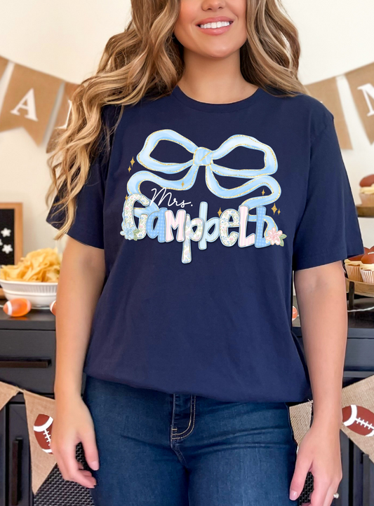 Personalized Teacher Coquette Seersucker Print Shirt/ Custom Comfort Colors or Bella Canvas - Mrs. Teacher Name Tee/ Teacher Gifts/ Teacher Team Shirts