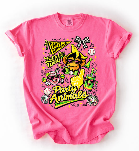 Bright Pink Party Animals Baseball Shirt/  Youth and Adult Sizes - Comfort Colors Brand