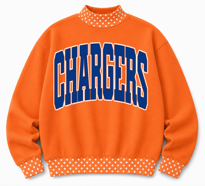Polkadot  School Spirit Southaven Chargers or Any Other  Mascot/Team Mock Neck Sweatshirt - Completely Customizable/ Game Day Sweatshirts