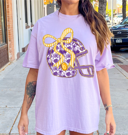 Comfort Colors Orchid Purple and Gold Floral Football Helmet Tee/ DC Jags/ Goshen Eagles/ Youth and Adult Sizes
