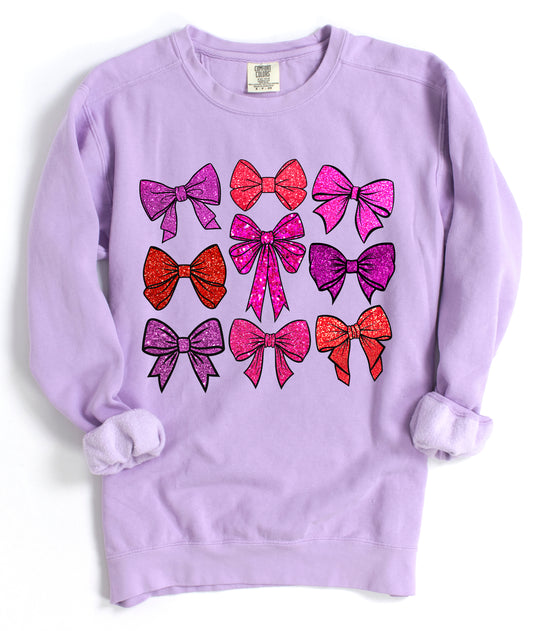 Comfort Colors Faux Glitter Bow Sweatshirt/ Gifts for Her/ DTF Printed Sweatshirt