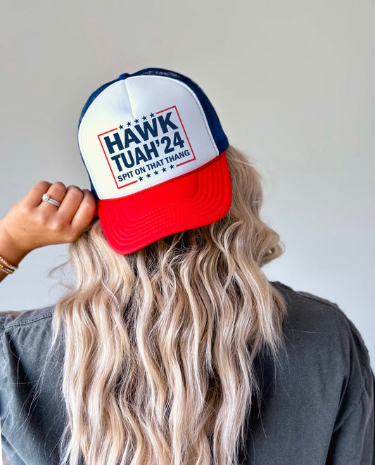 Hawk Tuah Funny USA Trucker Hat/ Mens or Womens Trucker Hats/ Funny Spit On That Thing/ July 4th Hat