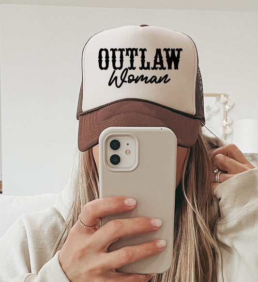 Tan/ Brown Outlaw Woman Western Trucker Cap/ Girls Trip Hat/ Vacation Hat/ Concert Hat