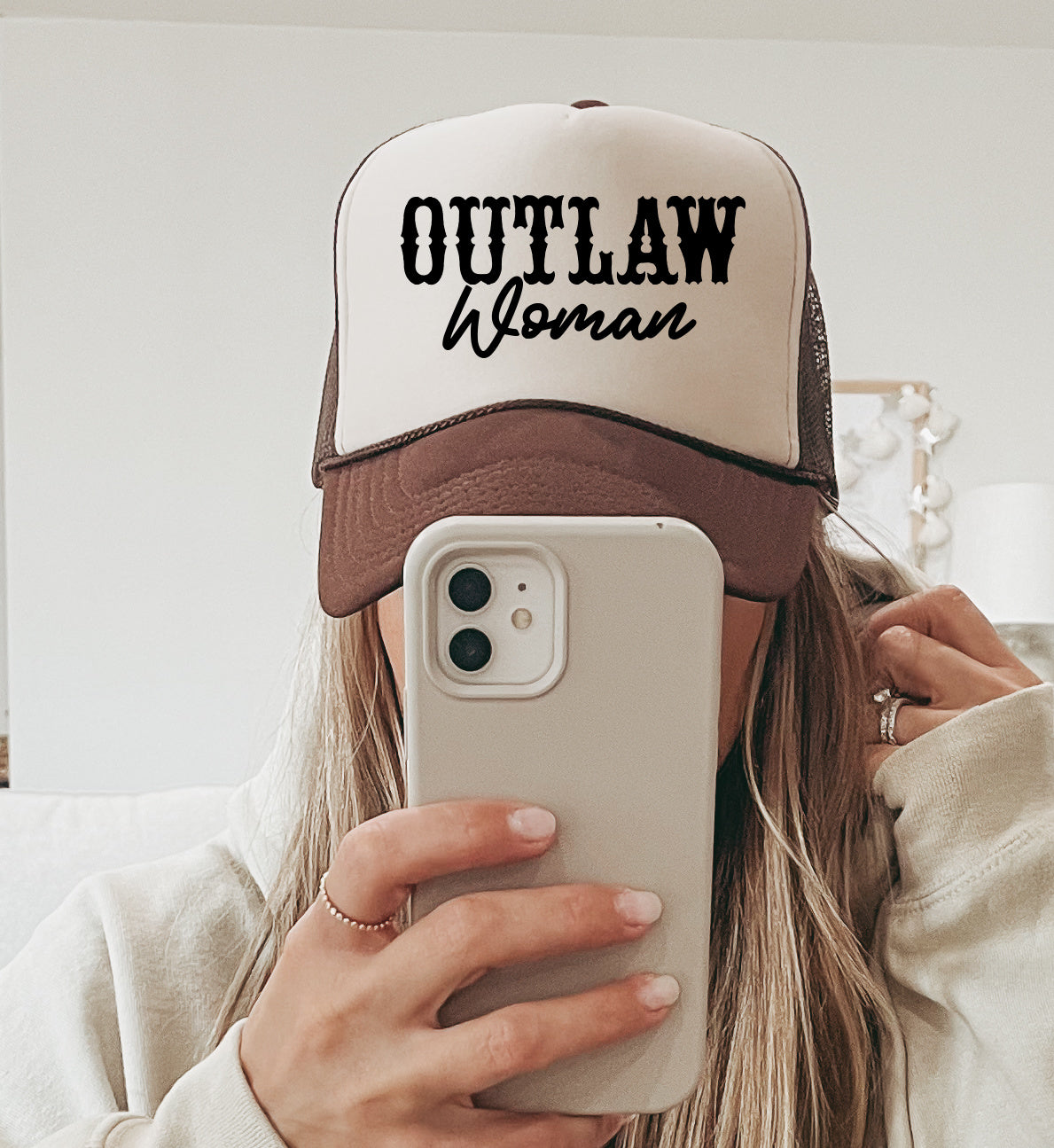 Tan/ Brown Outlaw Woman Western Trucker Cap/ Girls Trip Hat/ Vacation Hat/ Concert Hat