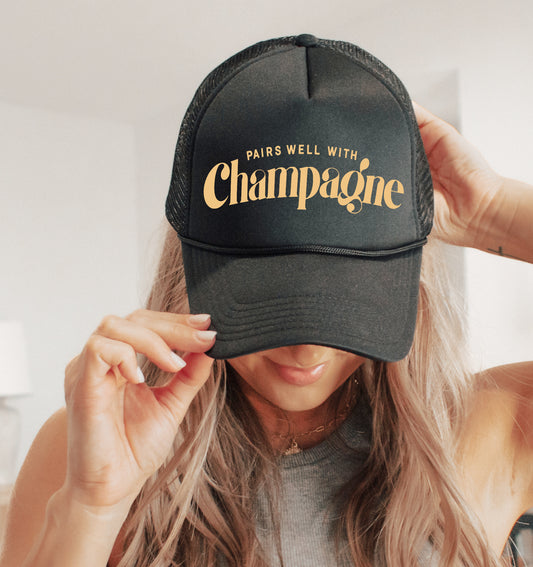 Pairs Well With Champagne Trucker Cap/ Girls Trip Hat/ Vacation Hat