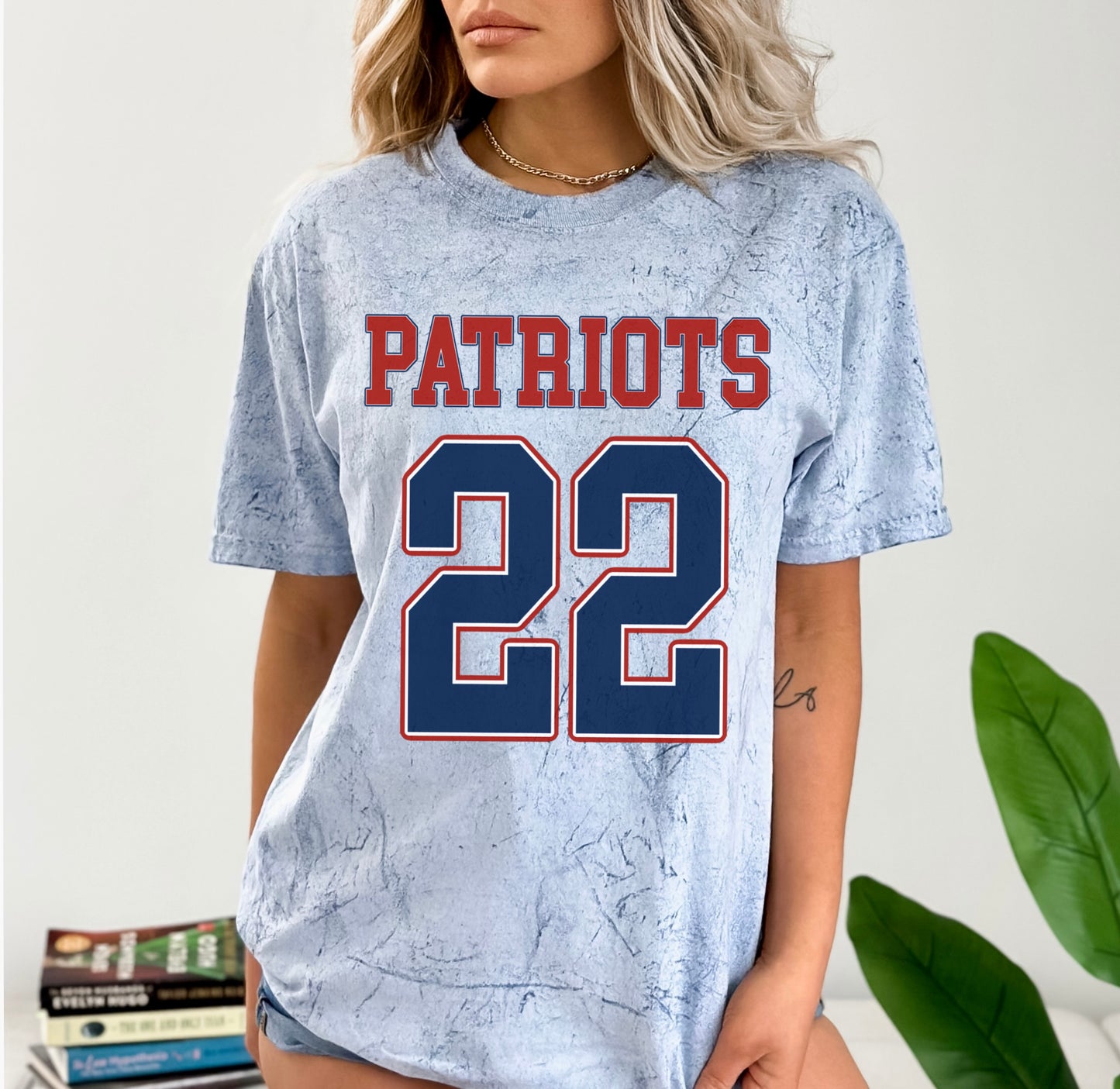 Patriots Football With Number Comfort Colors Color Blast Distressed Tee- Sizes and Inventory Limited