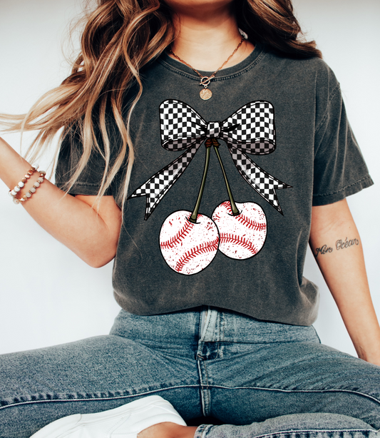 Baseball Bow Cherries Tee/ Comfort Colors or Bella Canvas/ Youth and Adult Sizes