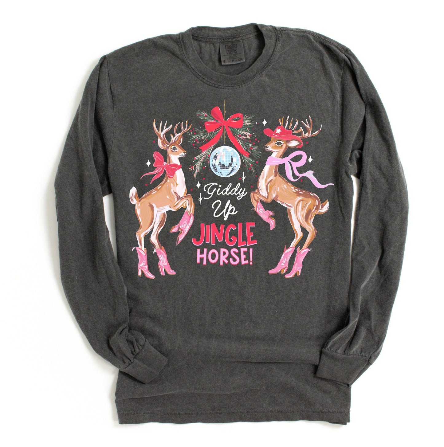 Long Sleeve Giddy Up Jingle Horse Tee/ Adult Sizes in Pepper
