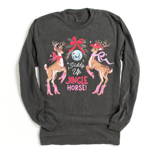 Long Sleeve Giddy Up Jingle Horse Tee/ Adult Sizes in Pepper