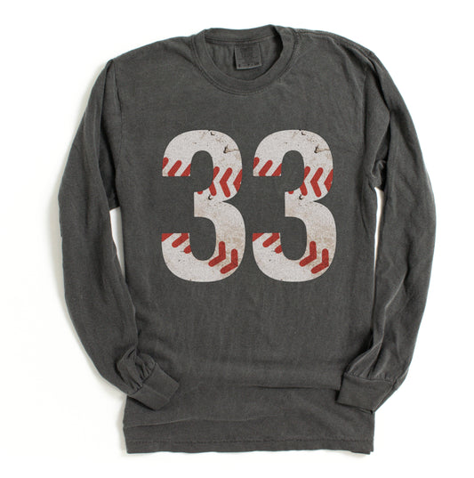 Comfort Colors Long Sleeve Vintage Baseball Shirt - Baseball Mom/ Baseball Girlfriend/ Baseball Fan Shirt with Number