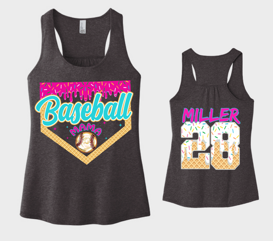 Flowy Racerback Custom Baseball Mama Ice Cream Drip Number Baseball Tank / Personalized Baseball Drip Tank