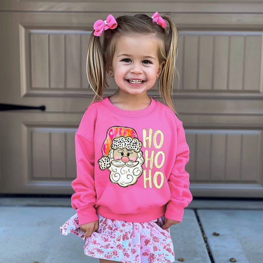 Gildan Bright Pink Santa Ho Ho Ho Christmas Sweatshirt/ Direct To Film Transferred Faux Glitter Sweatshirt/ Youth and Adult Sizes