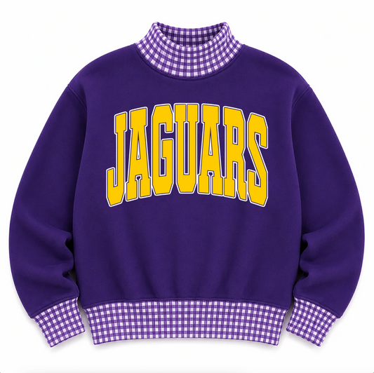 Gingham School Spirit Jaguars or Any Other Mascot/Team Mock Neck Sweatshirt - Completely Customizable/ Game Day Sweatshirts