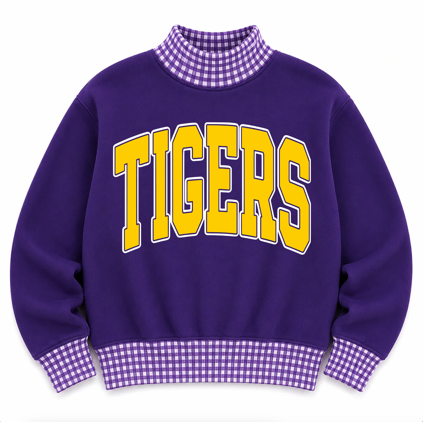 Gingham School Spirit Tigers or Any Other  Mascot/Team Mock Neck Sweatshirt - Completely Customizable/ Game Day Sweatshirts