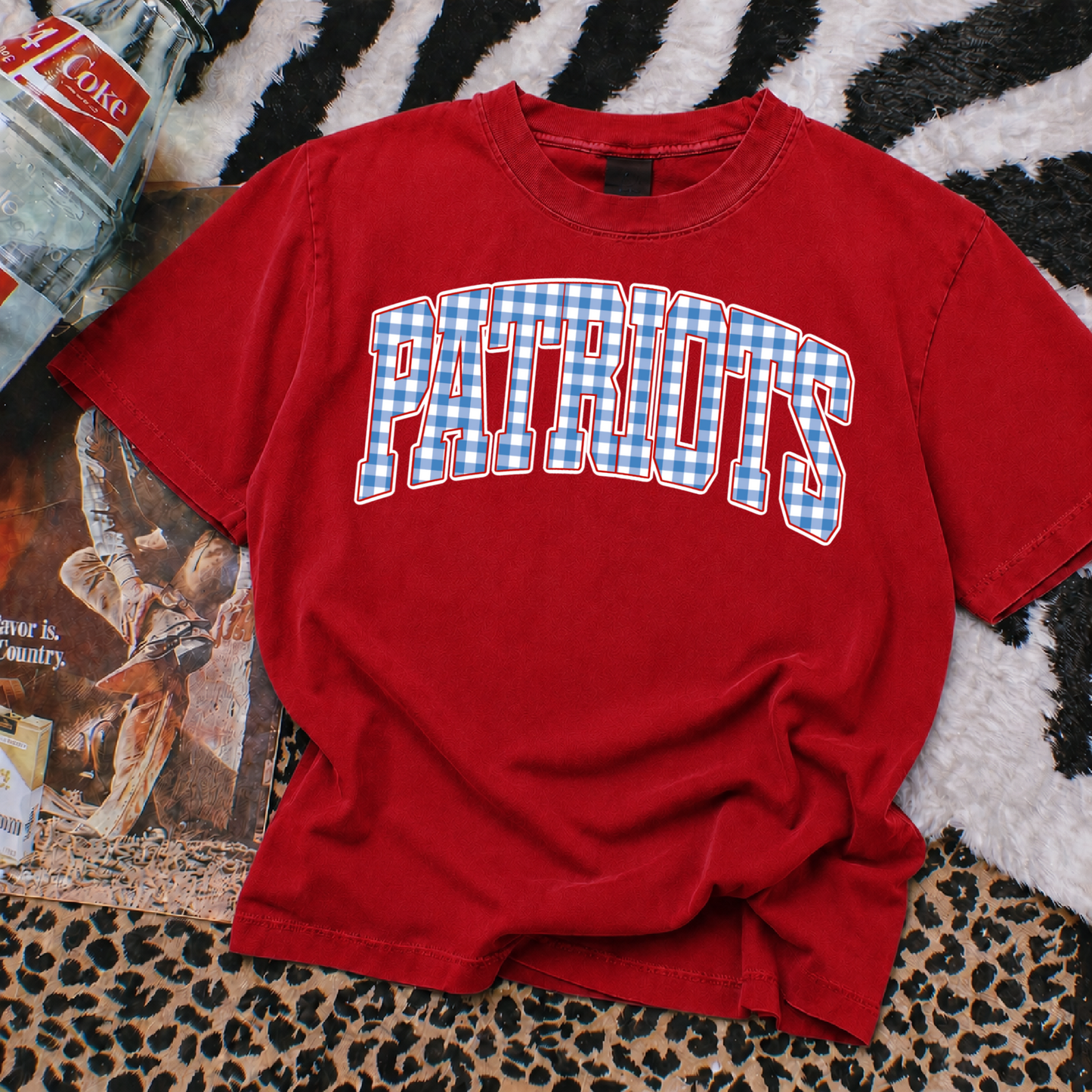 Boxy Crop Gingham Print Patriots Shirt - Adult Sizes/ Lewisburg/ Marshall Academy/Pike Lib