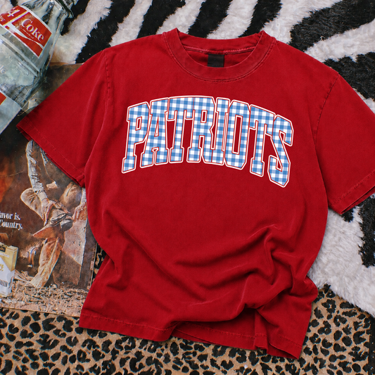 Boxy Crop Gingham Print Patriots Shirt - Adult Sizes/ Lewisburg/ Marshall Academy/Pike Lib