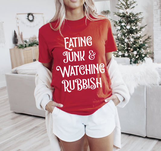 Bella or Comfort Colors Christmas Eating Junk and Watching Rubbish Christmas Tee - Youth and Adult Sizes